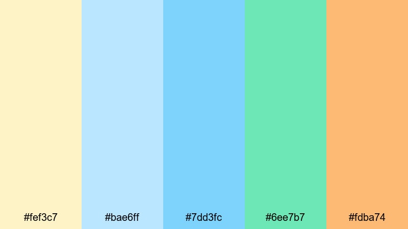 pastel tide sunrise green blue orange color palette with hex codes