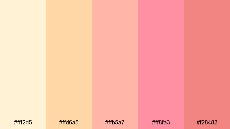 peach blush sunrise yellow orange red color palette with hex codes
