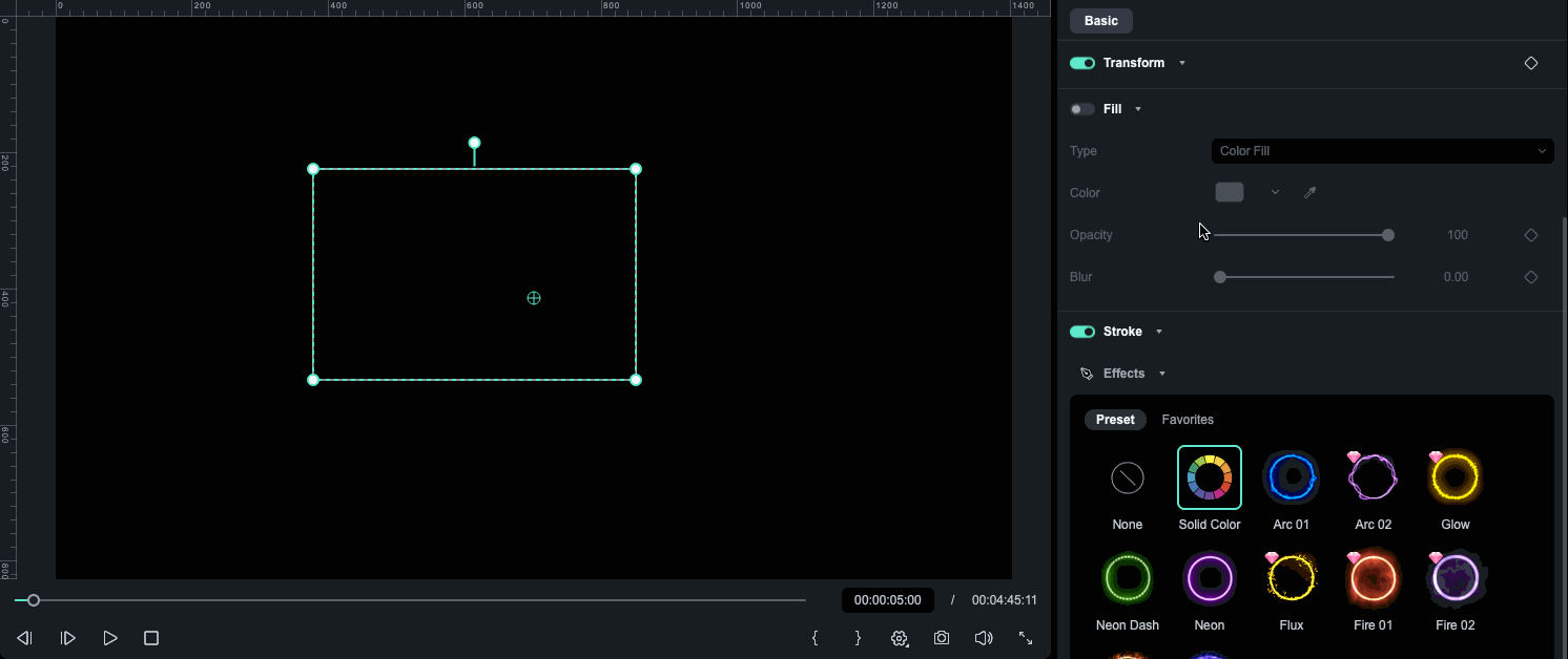 Filmora motion graphics guide shape fill settings