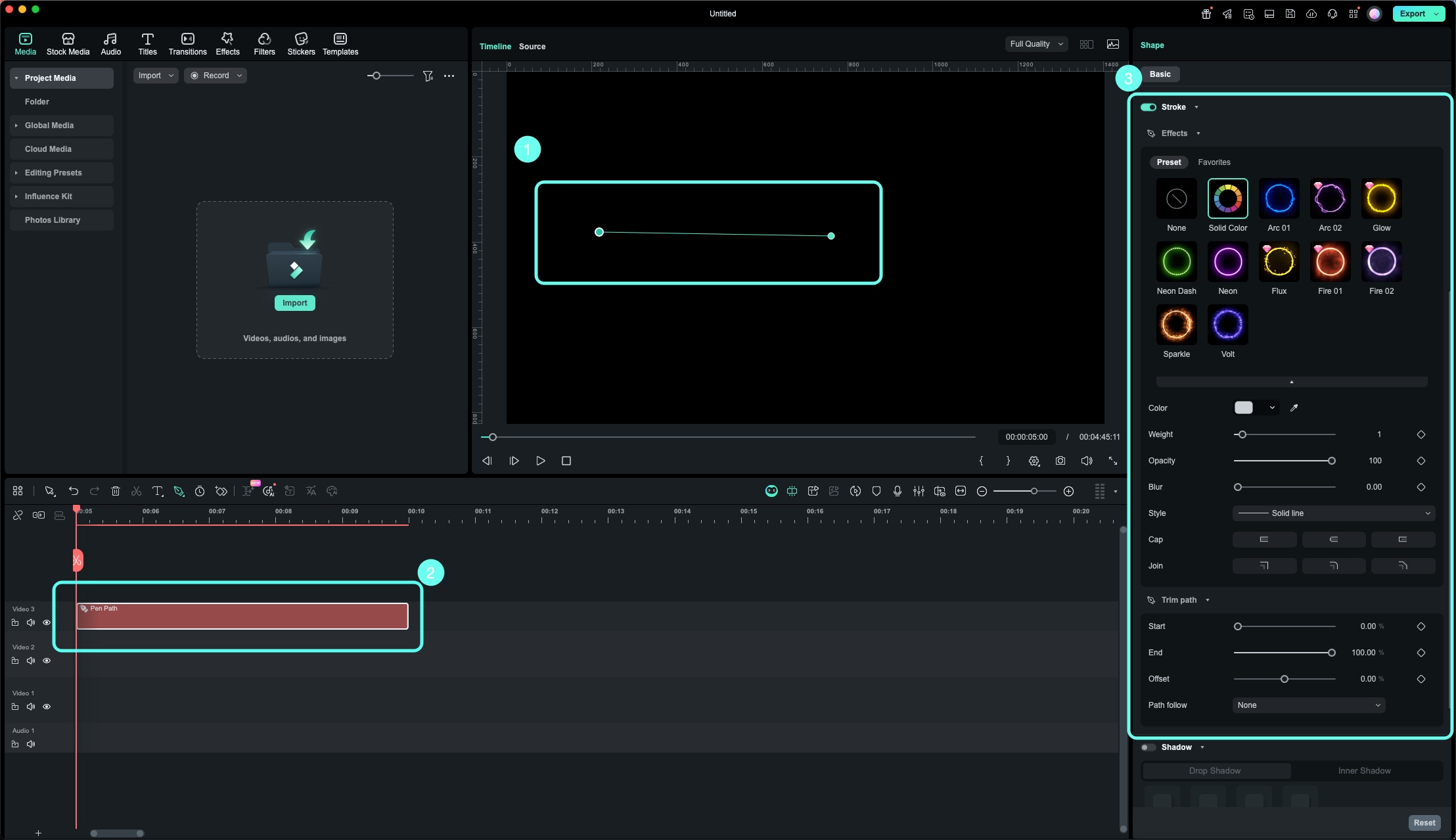 Filmora draw motion path interface with stroke panel