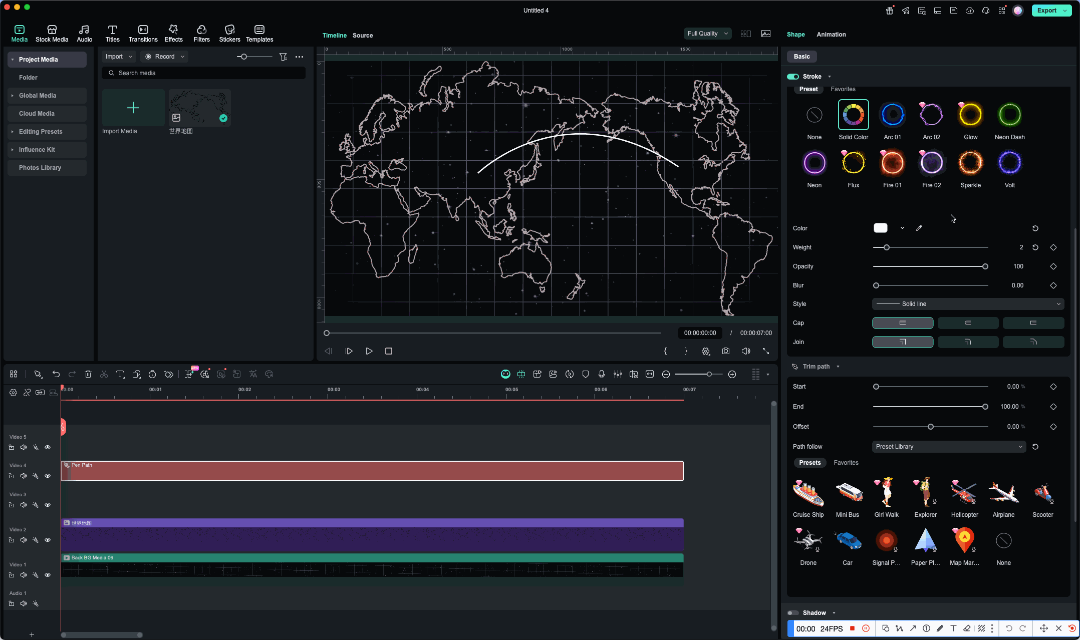 Filmora stroke animation map route customization