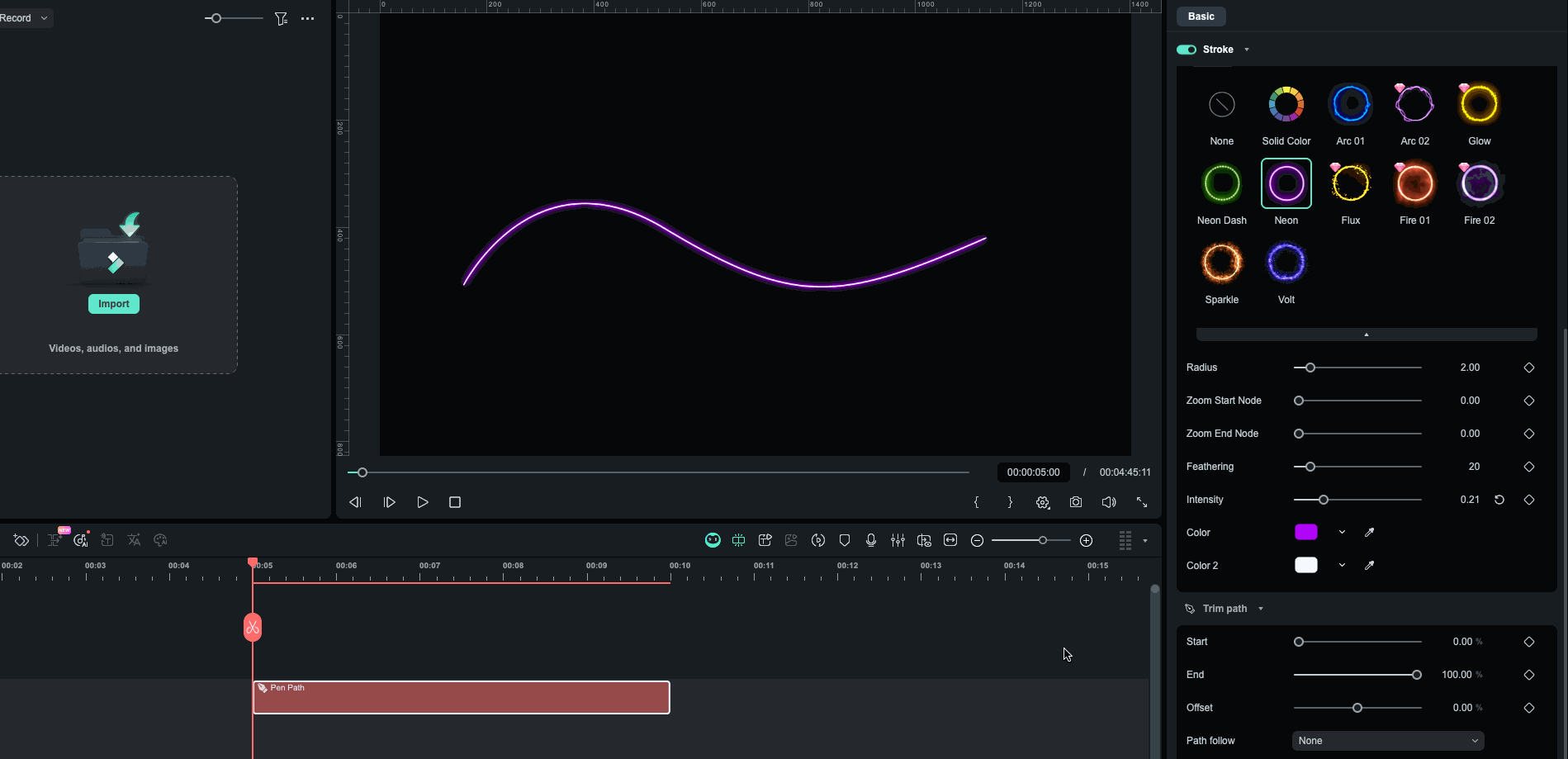 Filmora create line animation with keyframes