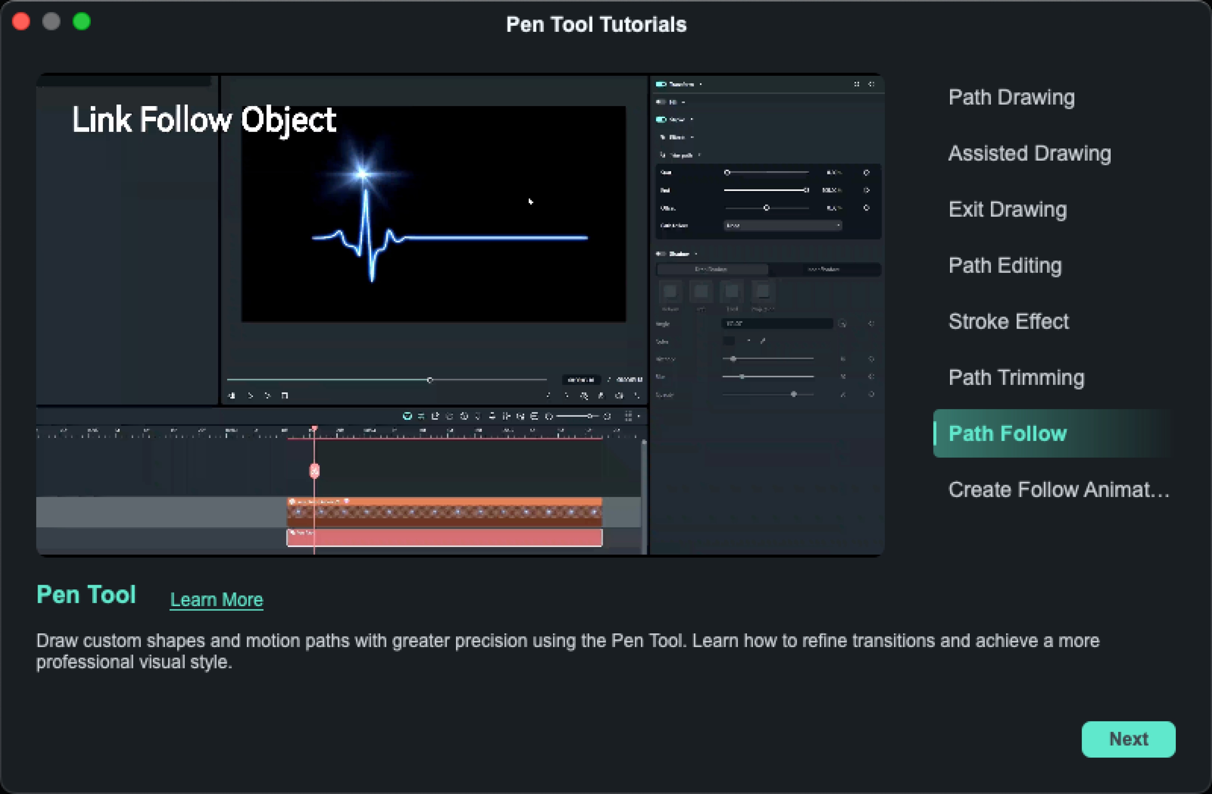Filmora Pen Tool tutorial showing the Path Follow feature