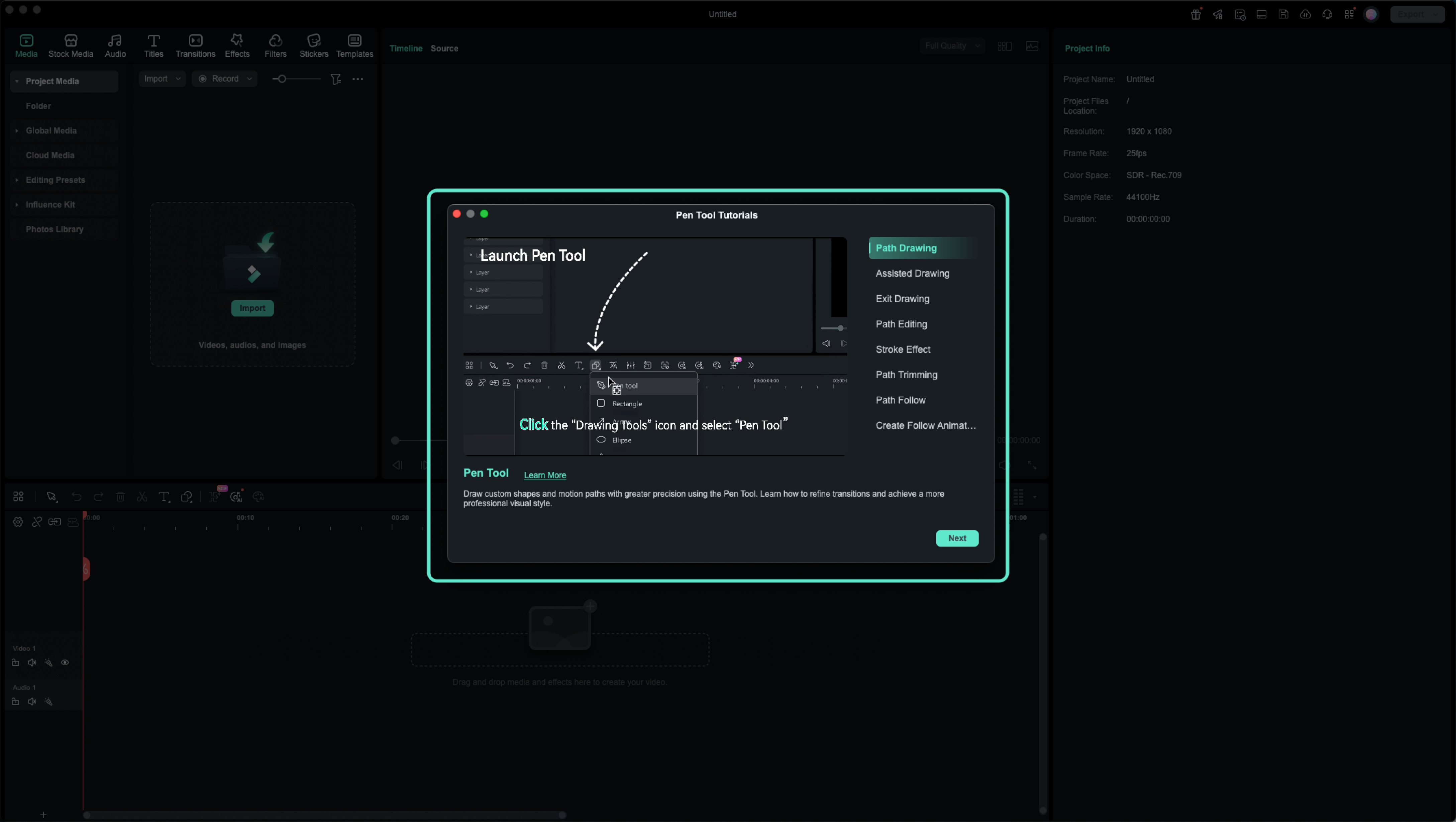 Filmora Pen Tool tutorial popup window