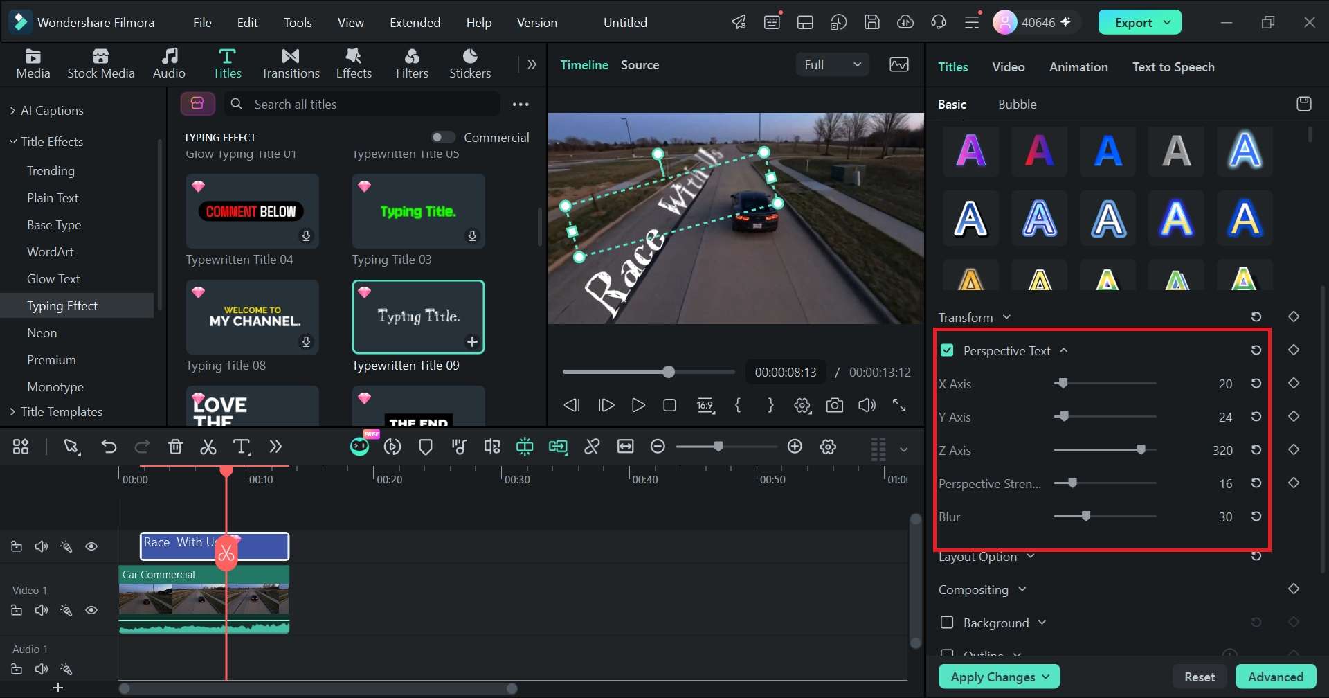 enable perspective text and adjust position