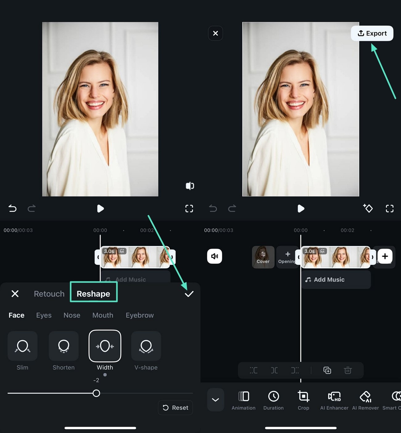reshape video and export filmora app