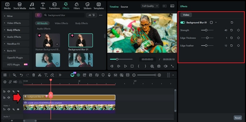 adjust filmora background blur effect