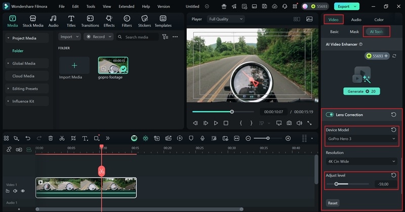 turn on filmora lens correction feature