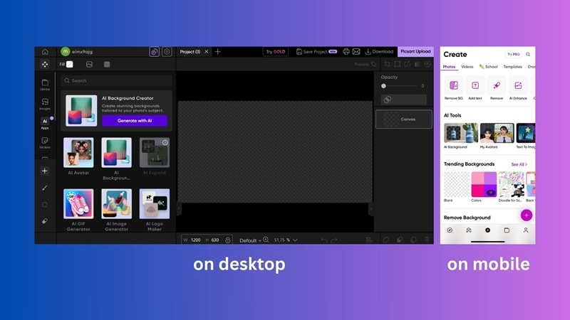 picsart interface on desktop and mobile