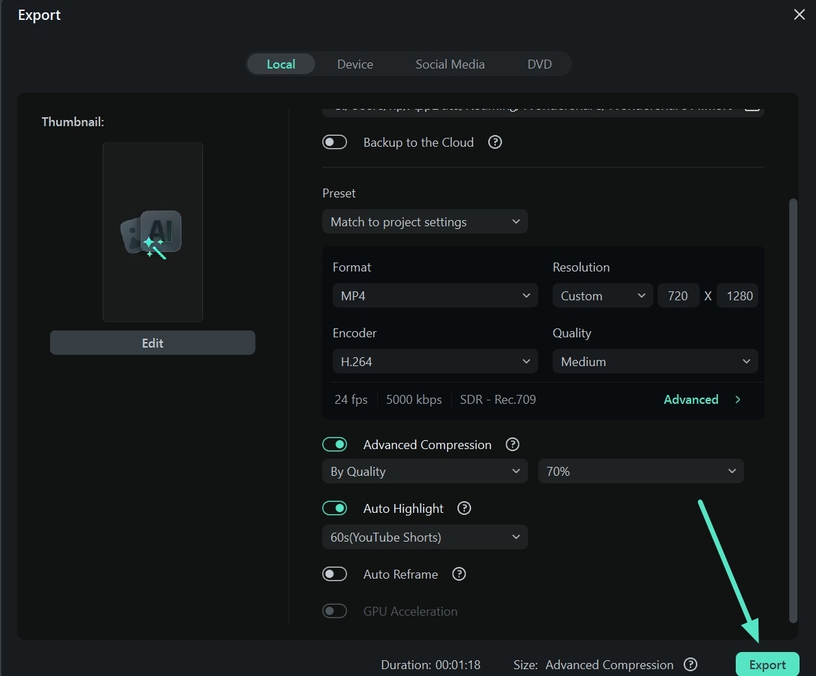 save after altering export settings