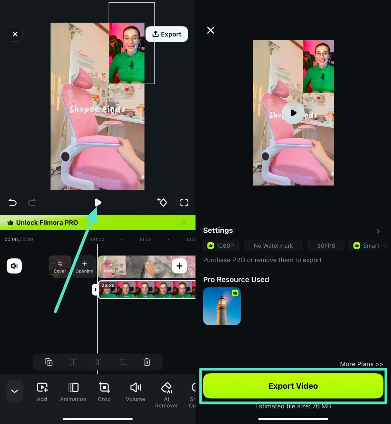 play and export pip video