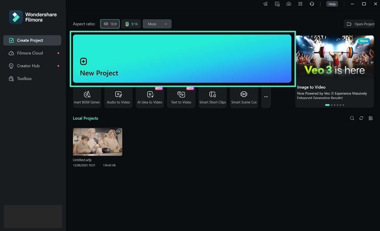 launch filmora start new project
