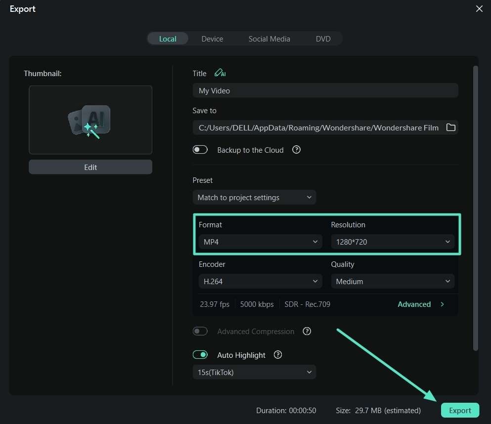 set file format and resolution export