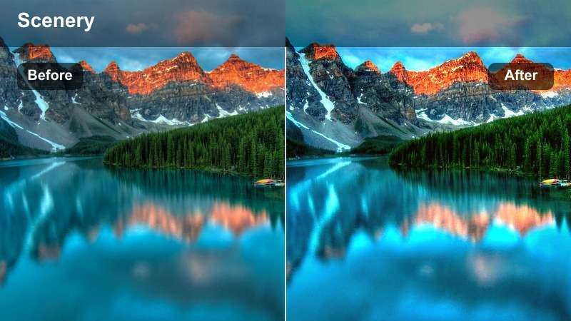 Snowy mountain village at twilight with soft purple-blue glow