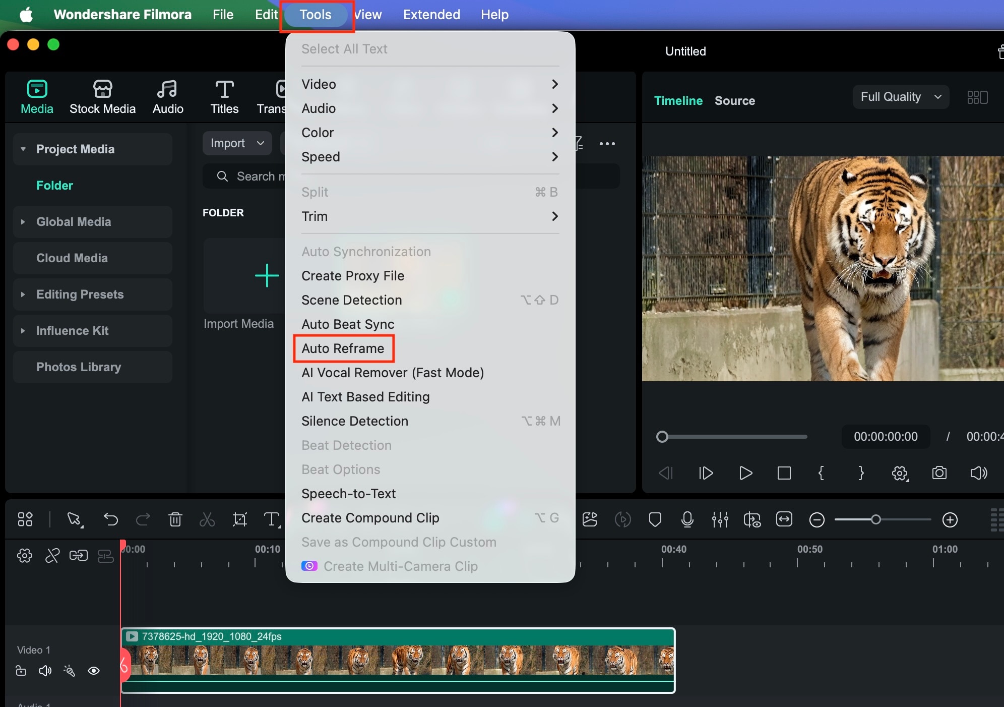 choose auto reframe in filmora