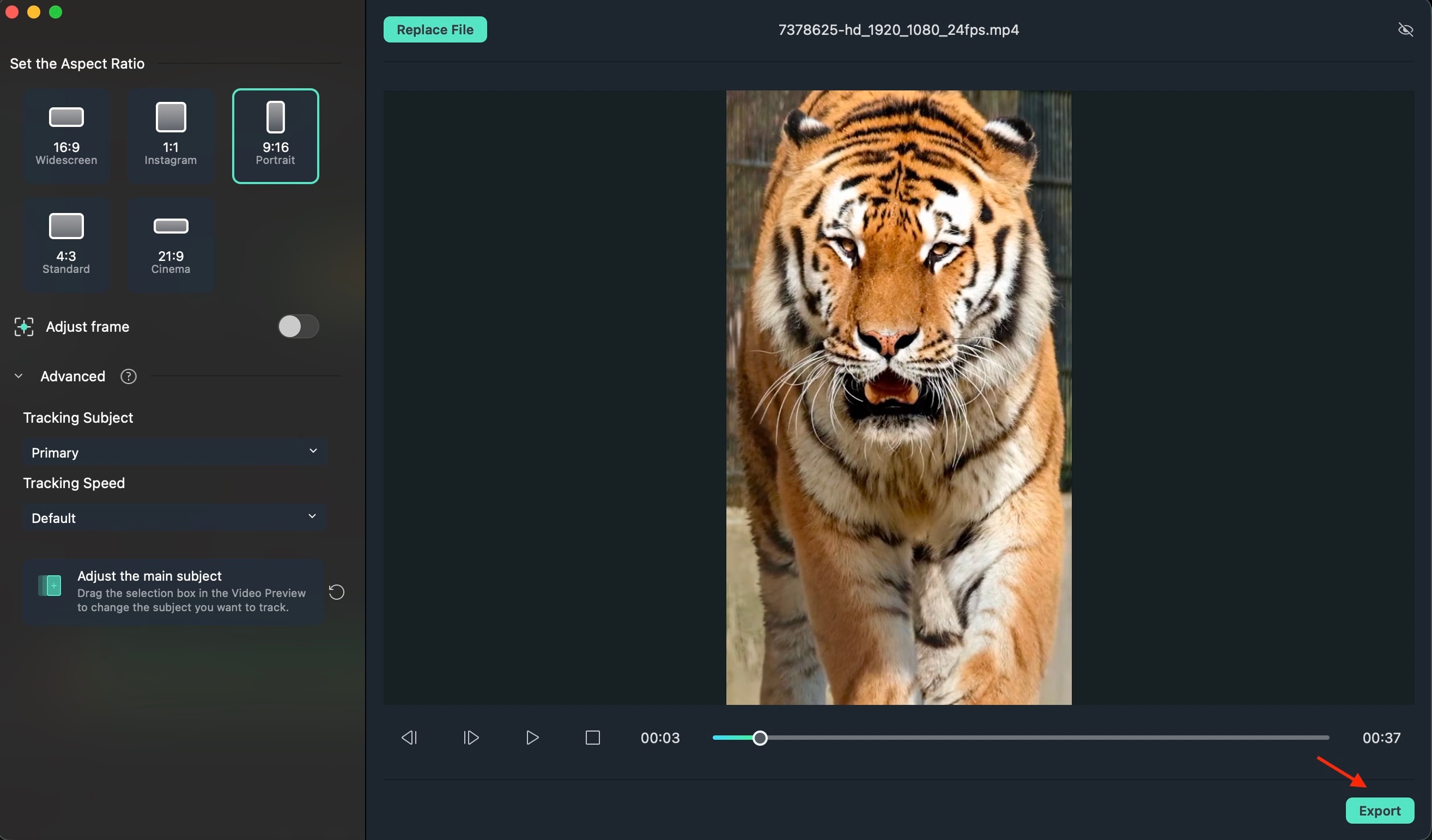 click export to save the adjusted clip