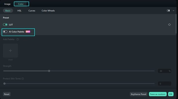 ai color palette filmora button