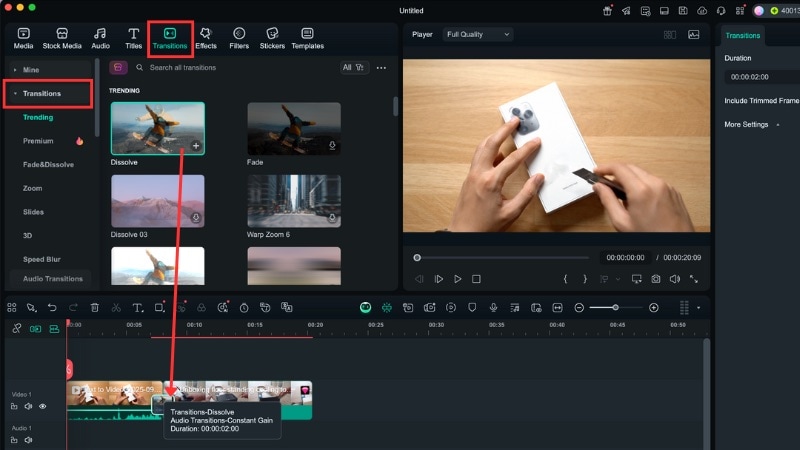 insert transitions between clips