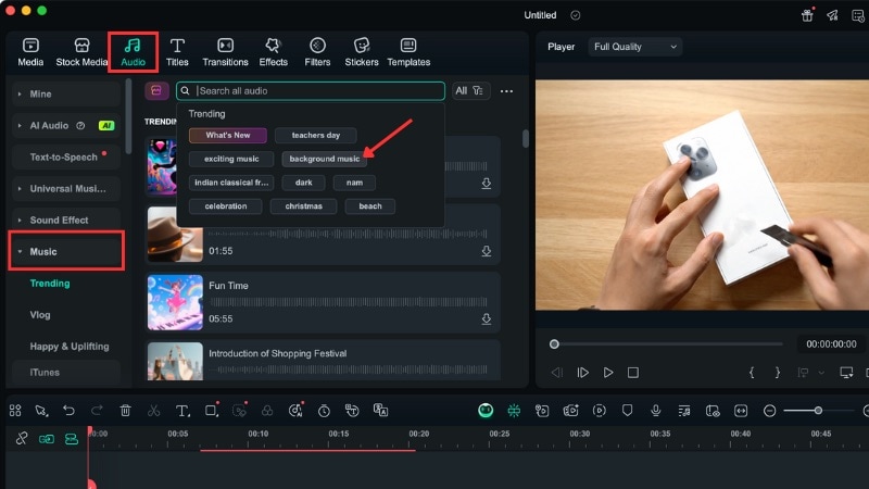 add music from filmora music library