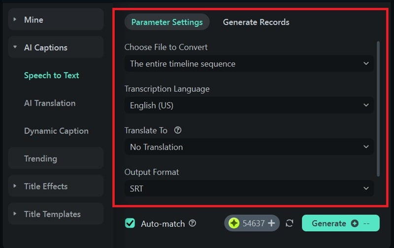 adjust caption parameter settings