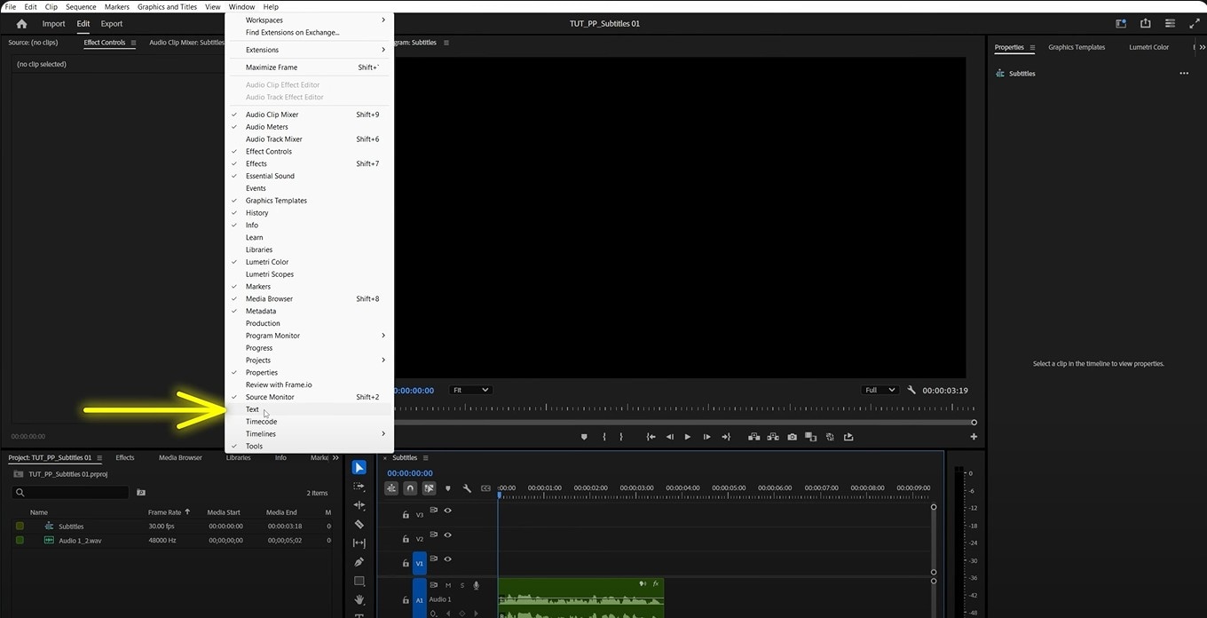 open text options on adobe premiere pro