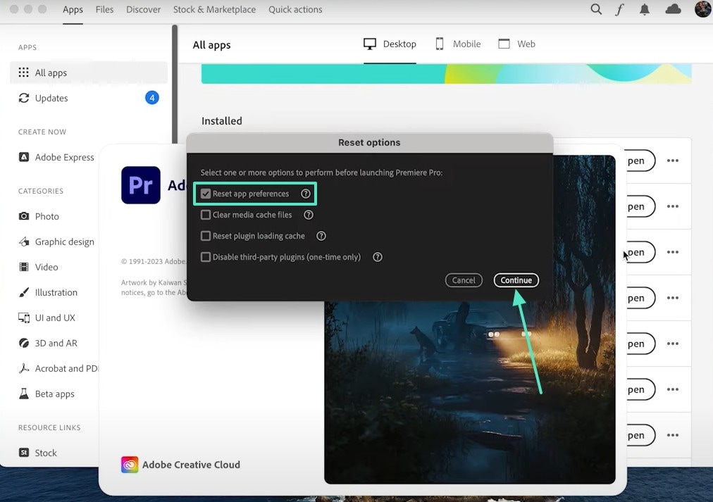 reset premiere pro preferences