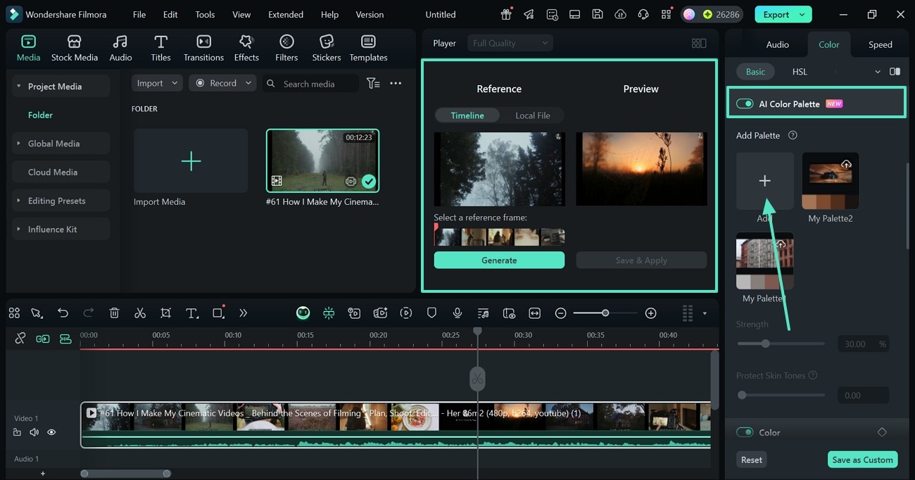enable apply color palette filmora