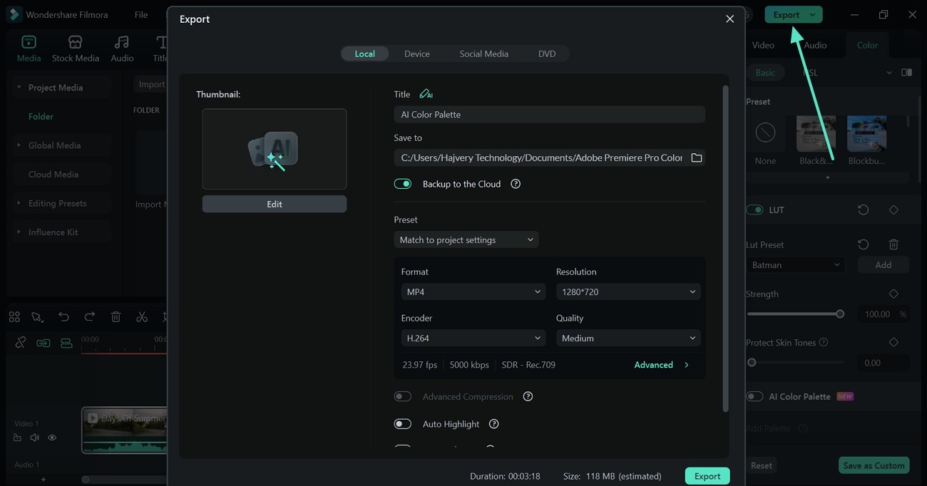 click export to save filmora