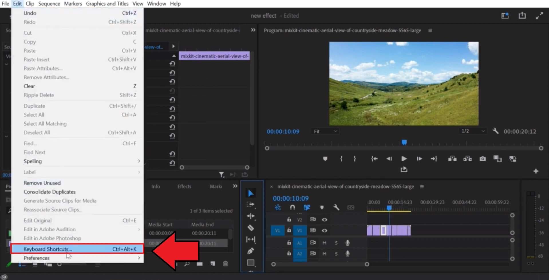 open premiere pro keyboard shortcuts settings