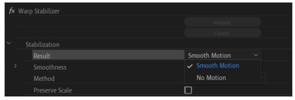 premiere pro warp stabilizer result no motion