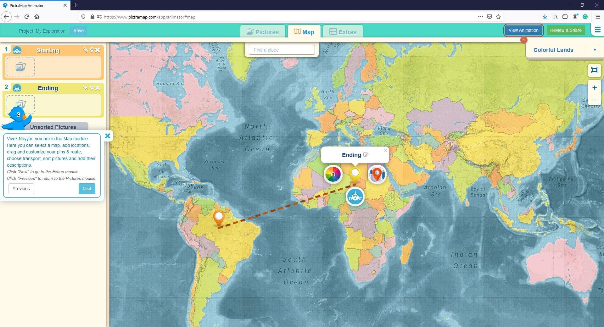 معاينة الفيديو الذي تم إنشاؤه لخريطة السفر باستخدام pictramap 