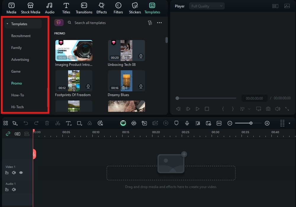 Choosing a product video template in Filmora’s library.