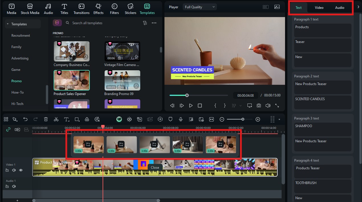 Adding product footage into Filmora template placeholders.