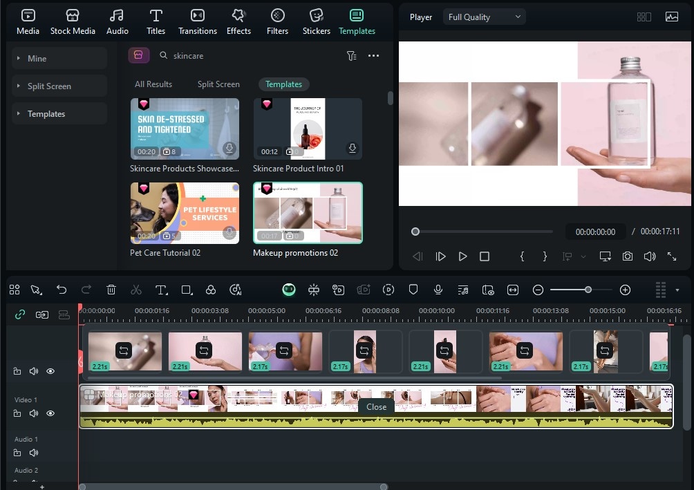 Beauty product video template in Filmora.