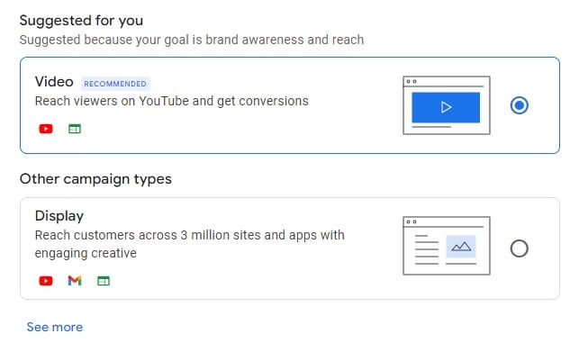select video as campaign type