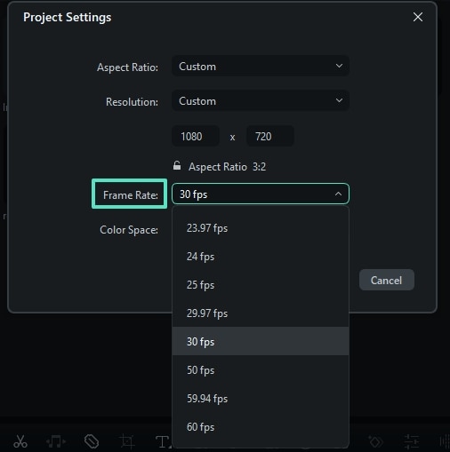 wondershare filmora project settings window