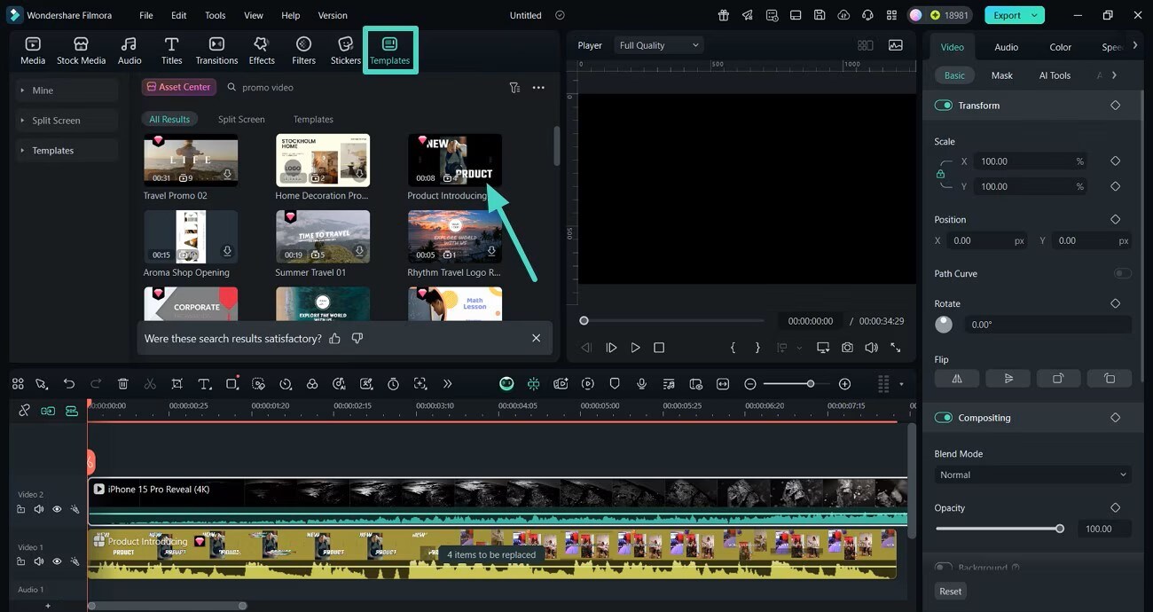 Selecting a promotional video template in Filmora.