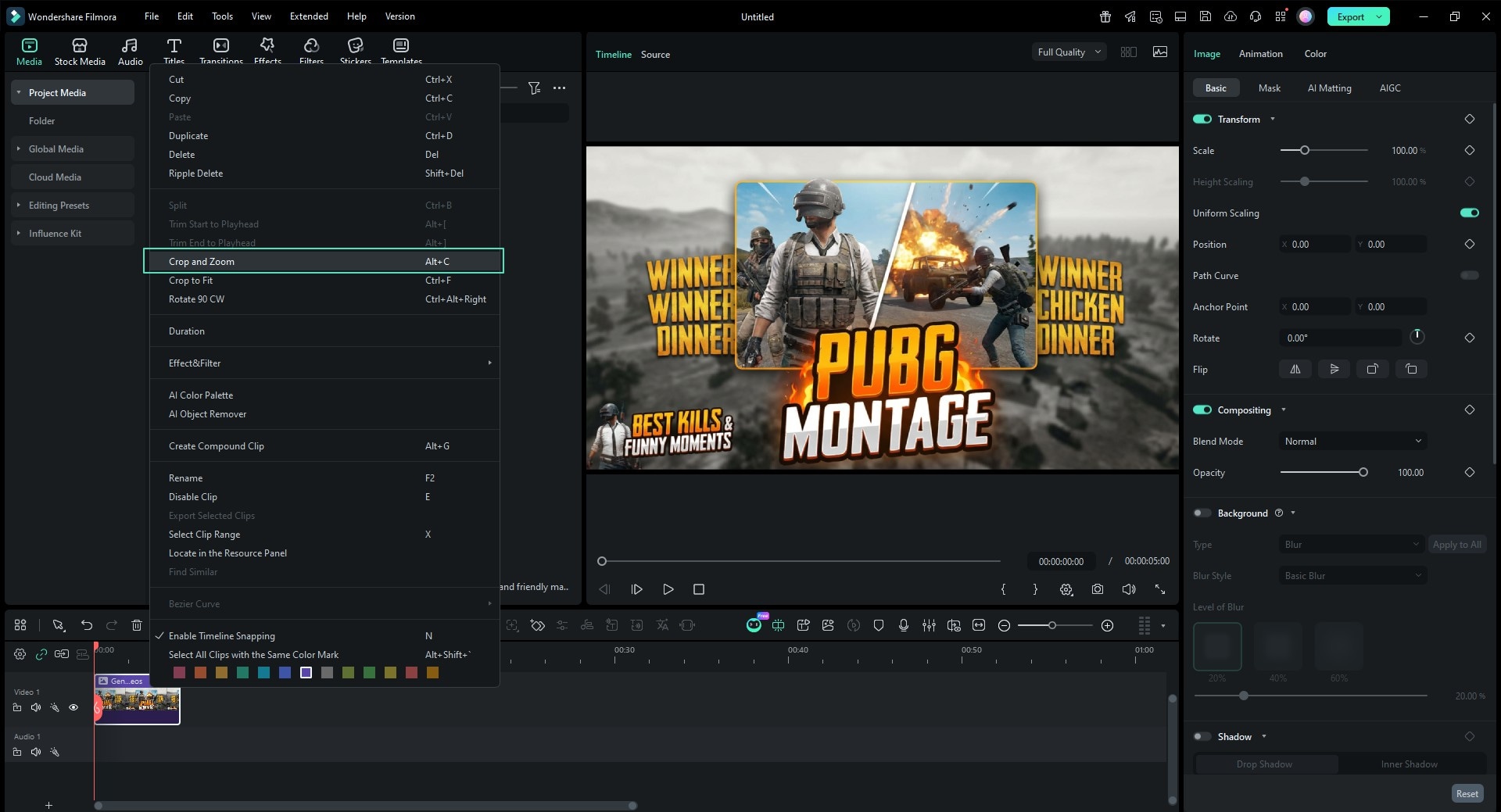 Make PUBG Montage Thumbnail with Filmora - select crop and zoom