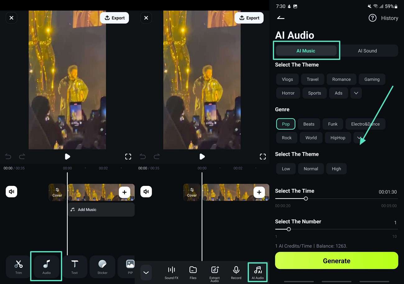 locate ai audio feature filmora app