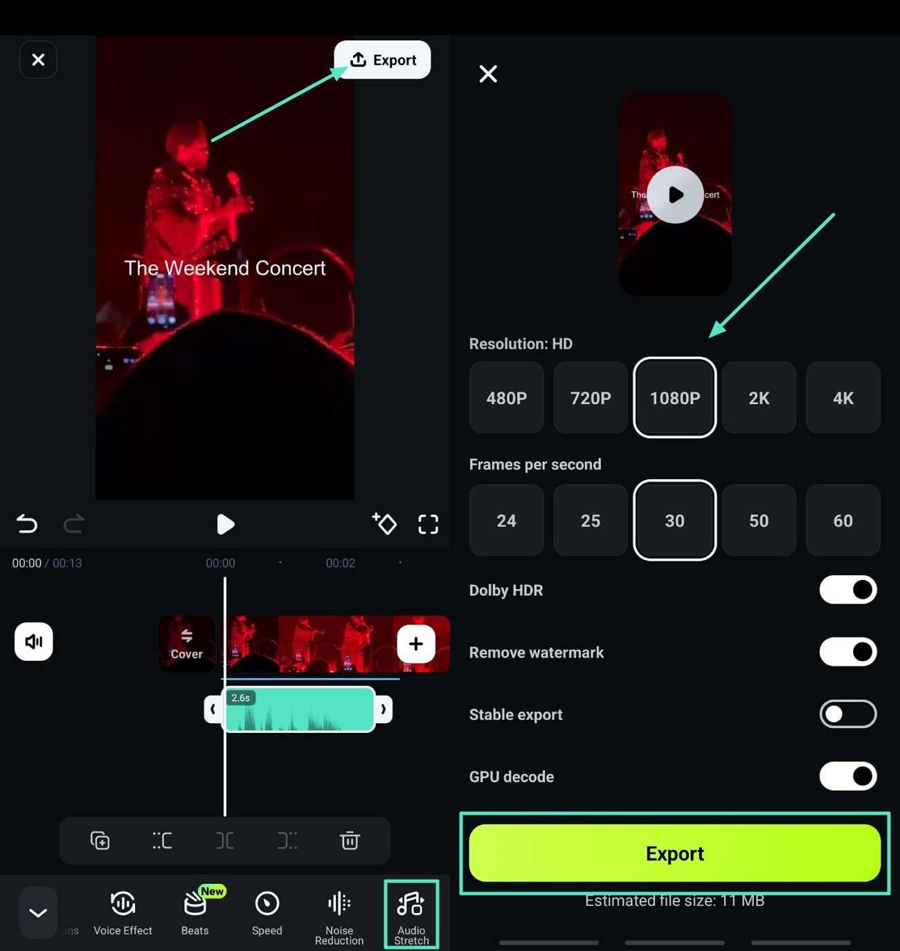 perform audio stretch and export