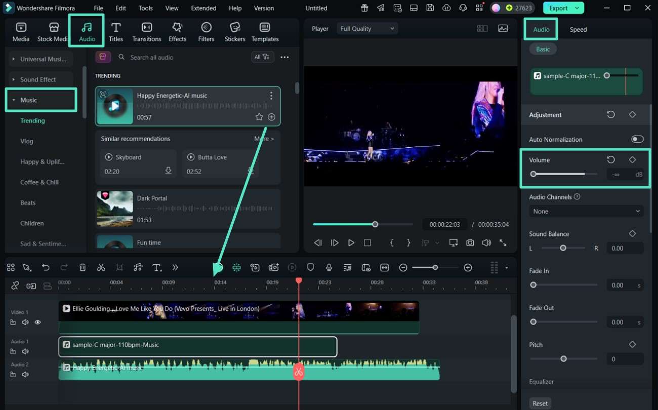 insert built-in library audio to video