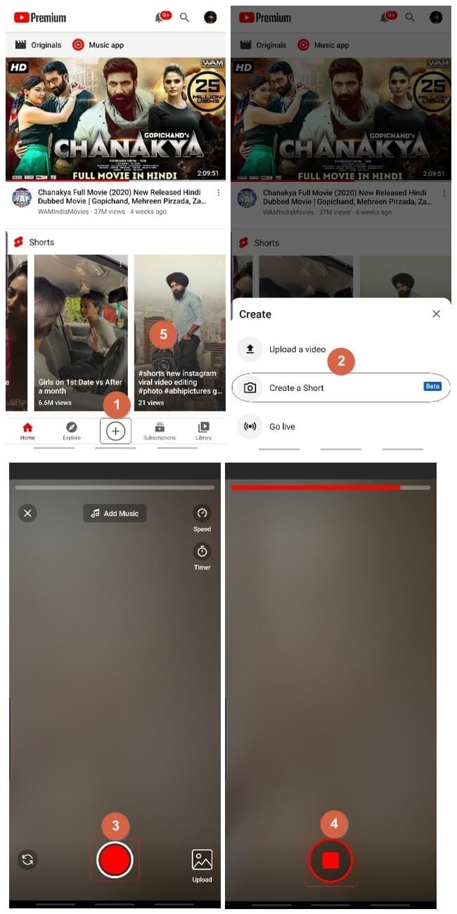 record create youtube short video mobile