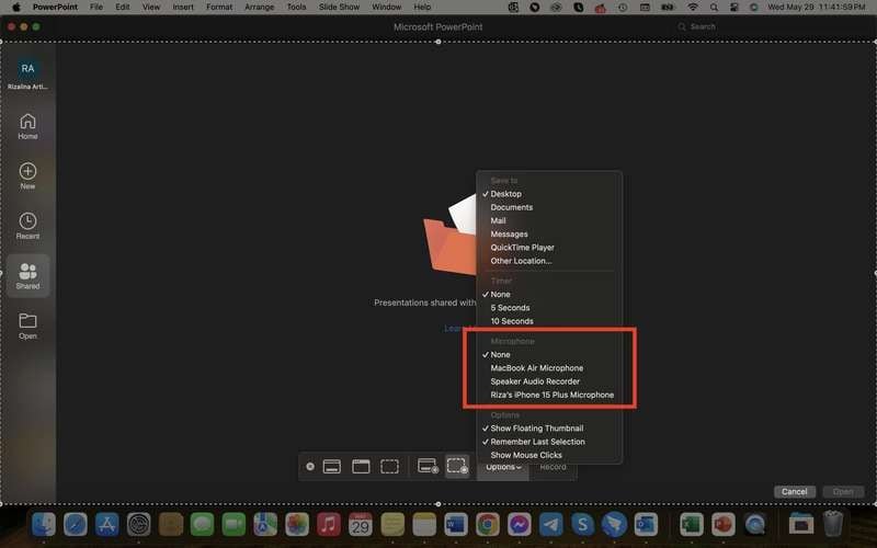 Barra de ferramentas de captura de tela do macOS - selecione o microfone