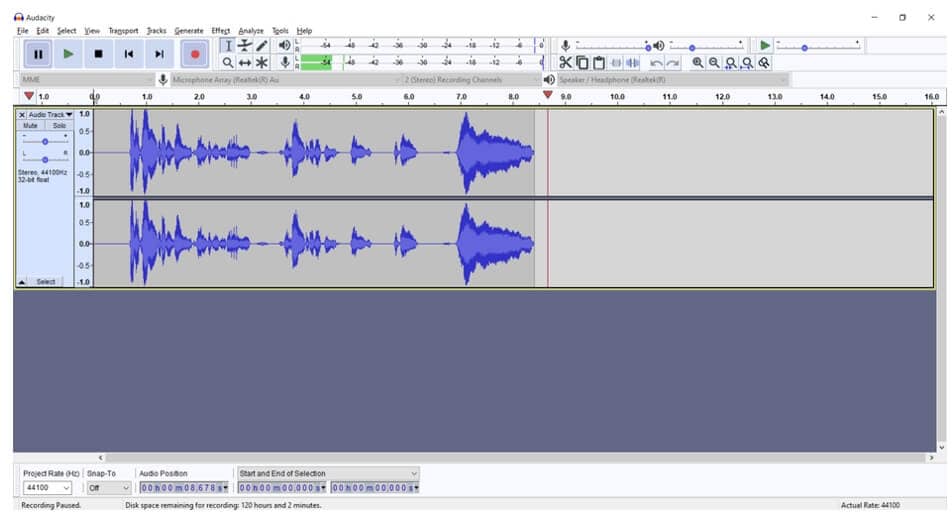 forma de onda de audio grabado en audacity