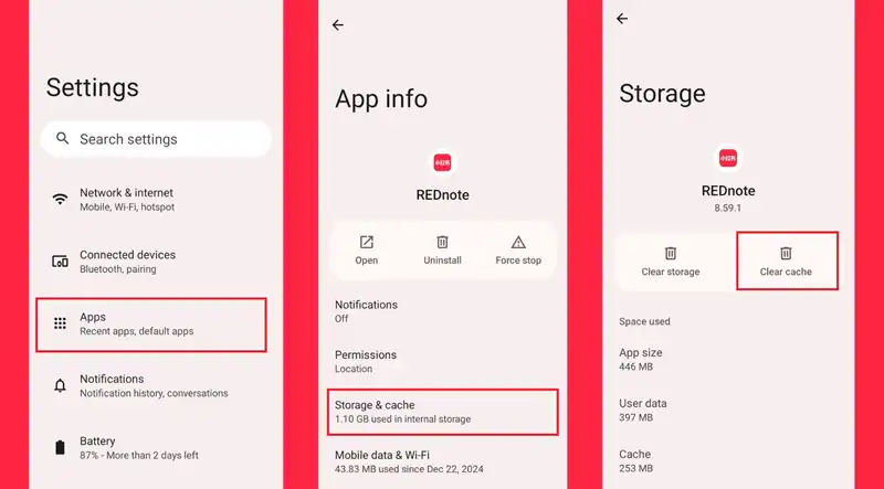 clear rednote app cache