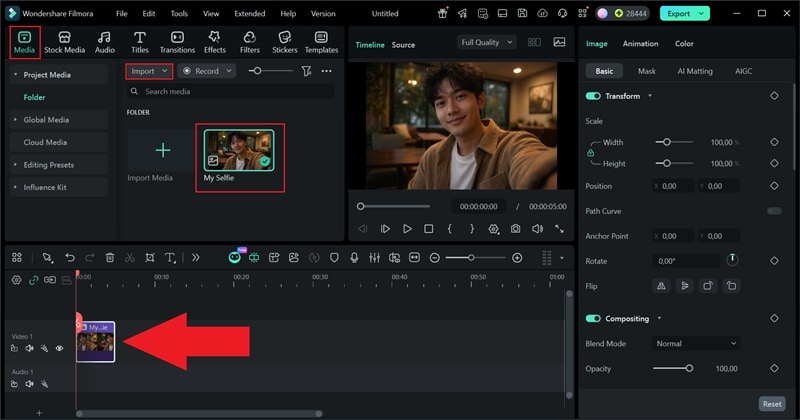 importer une photo et la faire glisser sur la timeline