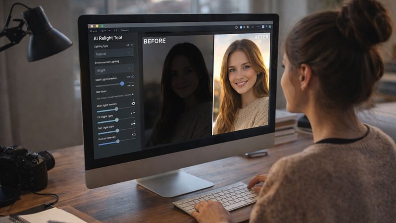 créateurs utilisant un outil de rééclairage d’image par IA