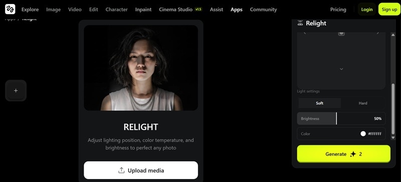 outil de rééclairage d’image par IA Higgsfield