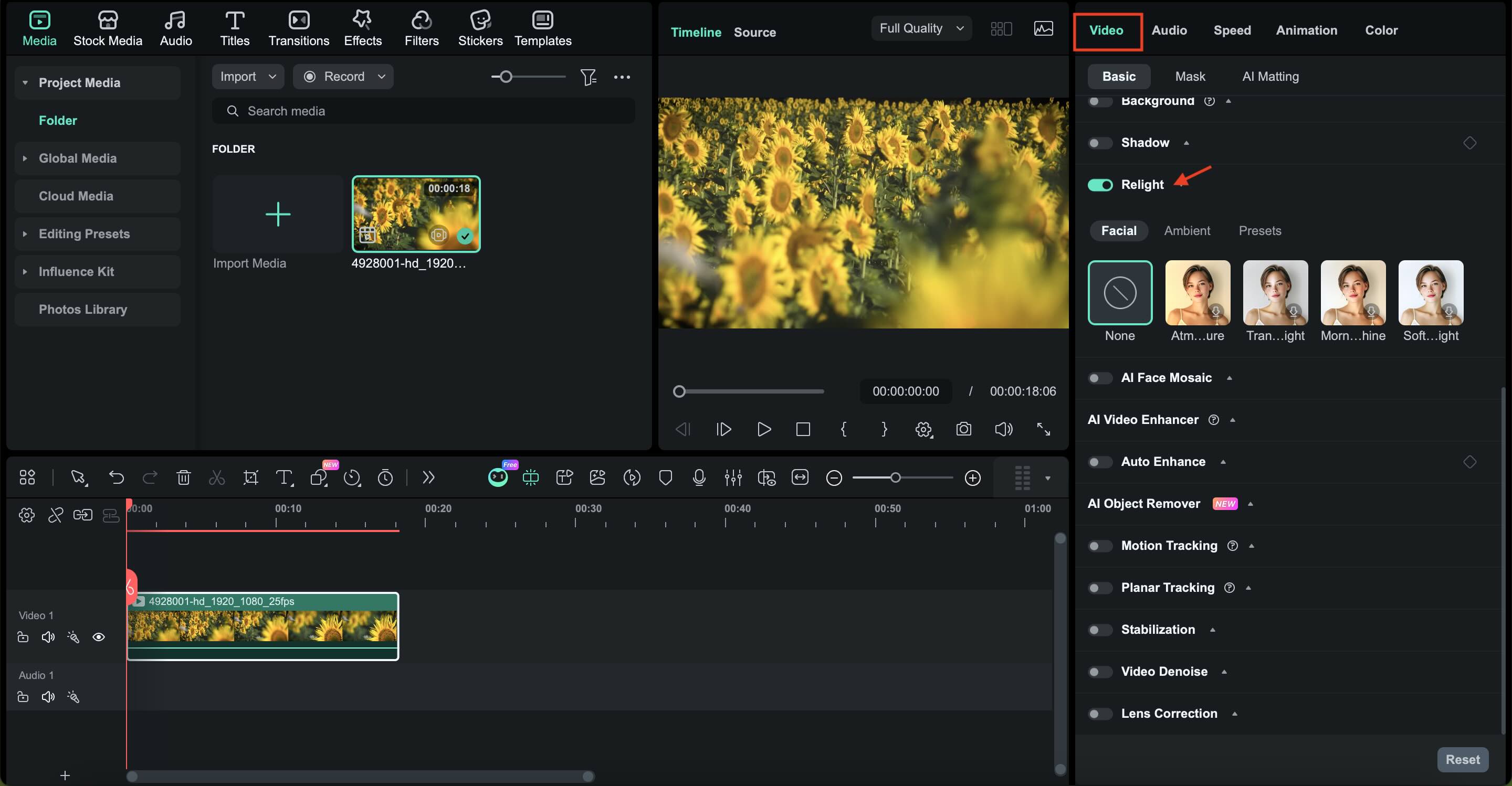 activer le rééclairage dans Filmora
