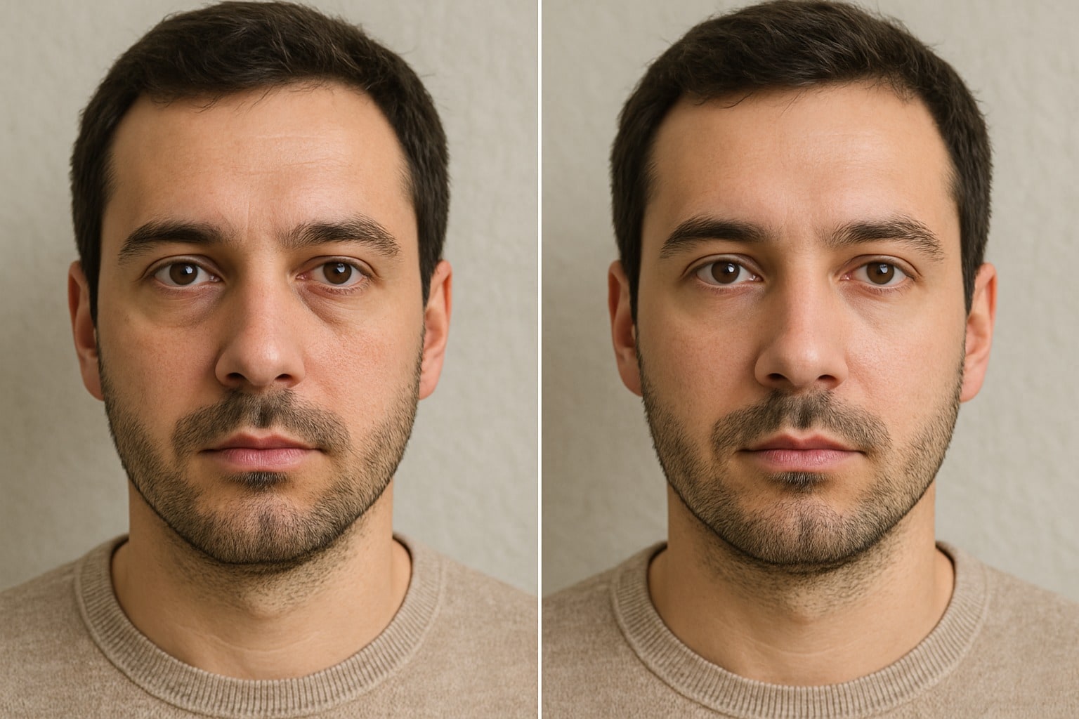 man with and without eyebags